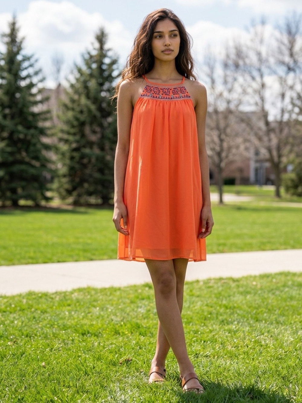 Sequin Hearts Vibrant Orange Mini Dress intricate detail